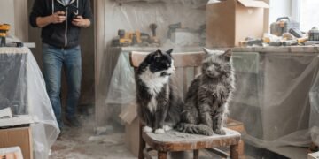 Серый кот ворвался на кухню, и Дейзи сразу пошла в атаку